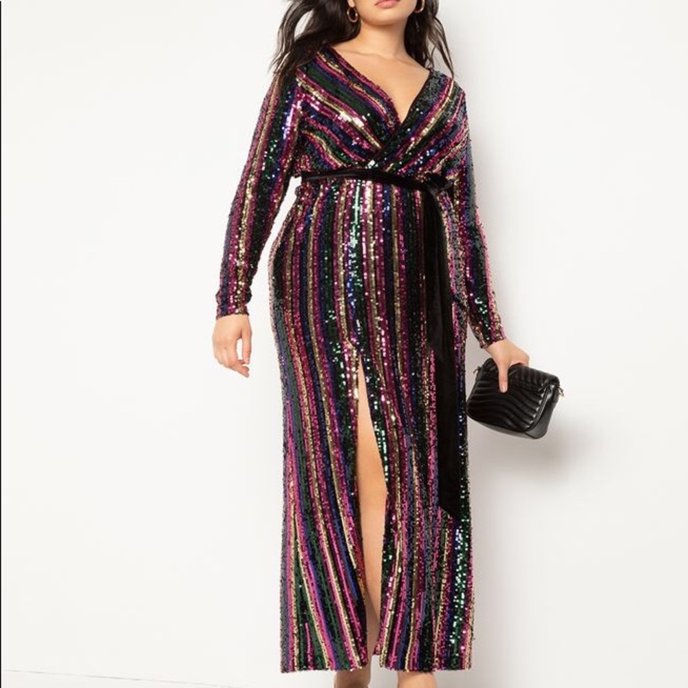 ELOQUII Rainbow Sequin Wrap Dress